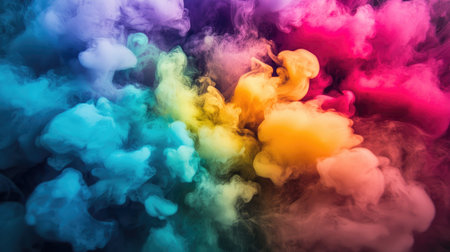 A dramatic close-up of neon-colored smoke swirling around a central point, with intense colors creating a sense of motion and energy.の素材