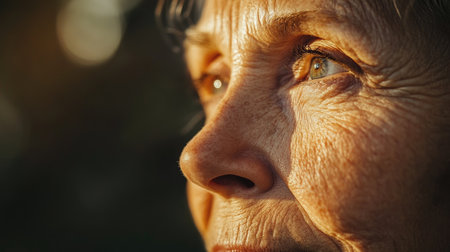 A detailed shot of a -year-old woman's face with natural sunlight highlighting her skin's texture and age-related features, creating a warm, authentic look.の素材