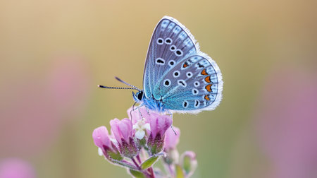 A close-up of a vibrant blue butterfly perched on a delicate flower, with its intricate wing patterns and vivid blue hues beautifully detailed.の素材