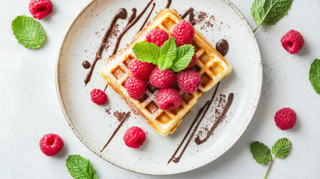 An enticing waffle topped with fresh raspberries and mint leaves, drizzled with chocolate. Perfect for brunch or a delightful dessert experience.の素材
