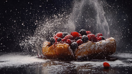 A mouthwatering image of french toast topped with fresh berries and a dusting of powdered sugar, captured against a dark backdrop, showcasing deliciousness and culinary artistry.の素材