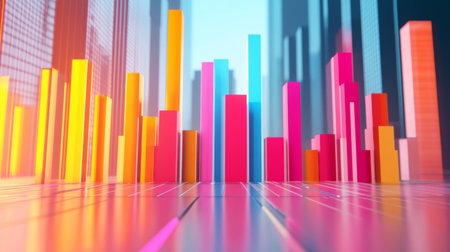 Vivid abstract cityscape featuring colorful vertical bars that represent modern architectural elements, creating an energetic and dynamic visual experience.の素材