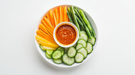 A vibrant vegetable platter featuring fresh cucumber, carrot, and green onion, served with a flavorful dipping sauce for healthy snacking options.の素材