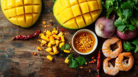 A vibrant arrangement of fresh mango slices, succulent shrimp, and spices on a rustic wooden table, perfect for showcasing culinary creativity and healthy eating.の素材