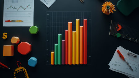A vibrant bar graph depicting data analysis is surrounded by office supplies on a dark table, reflecting workspace productivity and business growth concepts.の素材