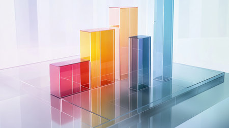 A multi-colored D bar chart displayed on a transparent digital board, illustrating business trends and data insights in a sleek, high-tech setting.の素材