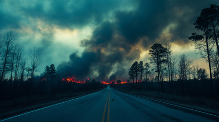 A breathtaking view of an empty road leading toward a dramatic forest fire, with dark smoke rising and flames visible, capturing the essence of nature's beauty and power.の素材