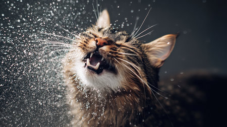 A dynamic photo of a cat shaking off water after a bath, with droplets flying in all directions, showcasing the playful and energetic nature of pets.の素材