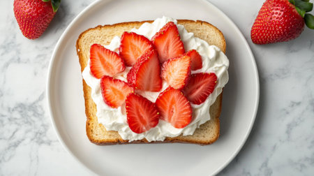 A delicious dessert featuring fresh strawberries atop a slice of white bread, layered with creamy topping, perfect for a light snack or brunch delight.の素材