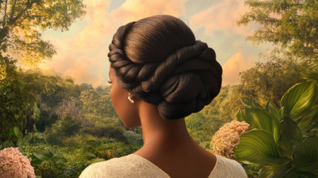 A serene outdoor setting with a woman wearing a simple, elegant updo, surrounded by nature, capturing the beauty of natural hairstyles in a peaceful environment.の素材