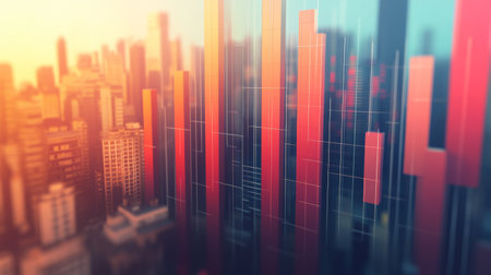 An artistic view of an urban city skyline featuring abstract red and blue patterns. The modern architecture creates a vibrant, dynamic atmosphere, perfect for design projects.の素材