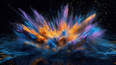 A stunning explosion of vibrant colored powder creates an artistic display against a dark background, evoking energy and creativity in motion.の素材