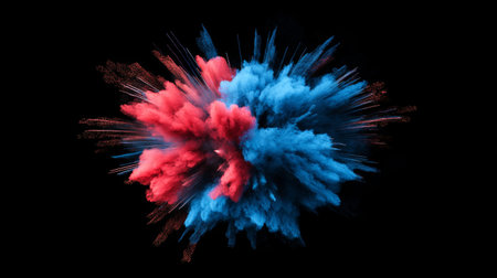 A vibrant explosion of blue and red powder creates a stunning abstract effect against a black background. Perfect for creative projects and eye-catching visuals.の素材
