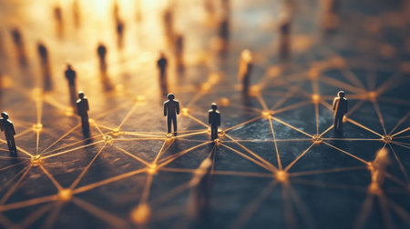 Abstract image of silhouette figures connected by glowing lines, symbolizing communication and interaction in a digital network, representing modern teamwork and collaboration.の素材