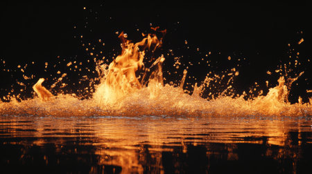A striking image of vibrant flames erupting from a water surface, creating dynamic splashes. The interplay of fire and water captures energy and beauty in a dramatic scene.の素材