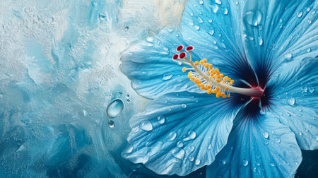 Close-up view of a stunning blue hibiscus flower adorned with glistening water droplets on its petals, showcasing its intricate beauty and vibrant colors.の素材