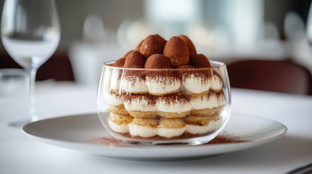 An exquisite layered tiramisu dessert served in a clear glass bowl, showcasing beautiful layers of cream and cocoa. Perfect for elegant dining experiences.の素材