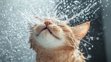 A charming image of a playful cat experiencing the joy of water splashes. The moment captures the cat's delightful expression, showcasing its wet fur and gleaming droplets, conveying a sense of happiness and playfulness.の素材