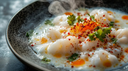 A delicious creamy soup garnished with fresh herbs, spices, and a touch of gourmet flair. Perfect for a warm meal or elegant dining experience.の素材