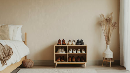 A small shoe rack in a minimalist bedroom, with neatly arranged shoes, from slippers to formal footwear, against a soft, neutral-toned wall.の素材