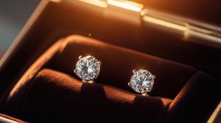 Diamond earrings in a luxury jewelry box, with soft velvet cushioning and a spotlight illuminating the earrings, highlighting their brilliance and craftsmanship.の素材