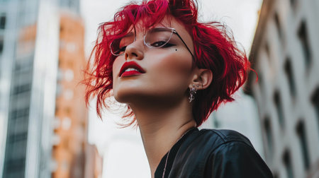 A striking photo of a woman with a bold, edgy haircut and vibrant hair color, posing confidently in an urban setting, capturing modern beauty and self-expression.の素材
