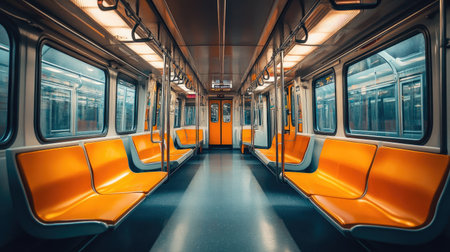 A stylish interior of an electric train featuring comfortable seating and modern amenities, inviting passengers to relax during their journey.の素材