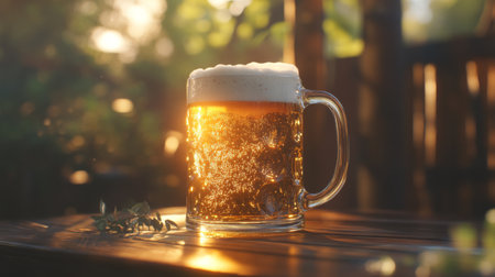 A refreshing glass mug of beer with a foamy head is showcased outdoors, glistening in soft sunset light. This image captures the essence of leisure and relaxation.の素材