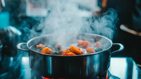 A close-up view of a stainless steel pot filled with colorful ingredients, emitting steam as it cooks on a gas stove, highlighting the art of meal preparation.の素材
