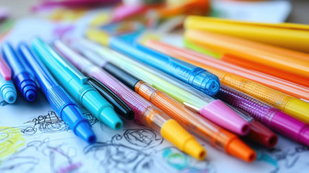 A vibrant collection of colorful gel pens arranged neatly on a desk, surrounded by doodles and sketches, showcasing creativity in action.の素材