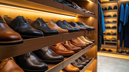 A stylish open shoe cabinet, showcasing a wide selection of shoes from casual to formal, in a well-lit walk-in closet, symbolizing organization and fashion.の素材