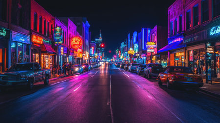 A vibrant city street illuminated by neon lights at night, with bustling shops and restaurants, capturing the lively atmosphere of urban nightlife.の素材