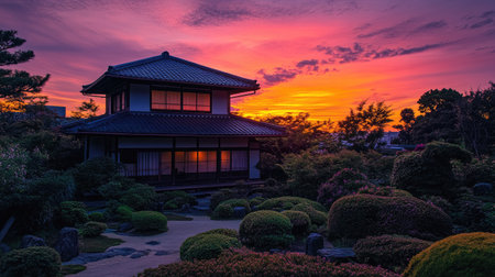 A stunning sunset view of a Japanese house with a traditional roof, silhouetted against the vibrant sky, surrounded by a beautifully manicured garden.の素材