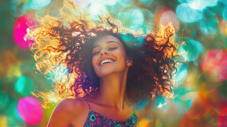 A vibrant image of a woman with curly hair bouncing freely in the wind, embodying joy and freedom, set against a colorful outdoor backdrop.の素材