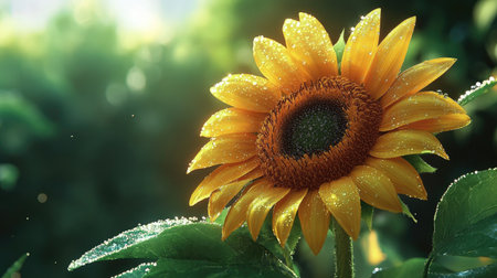 A vibrant sunflower with droplets of water glistening in the sunlight, surrounded by greenery, capturing the essence of summer and the beauty of nature.の素材