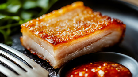 A delectable slice of crispy pork belly served on a stylish black plate, accompanied by a savory sauce, showcasing rich textures and alluring flavors.の素材