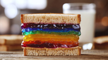 This vibrant jelly sandwich features rainbow layers of jelly between slices of bread, creating a playful and colorful treat perfect for any occasion.の素材