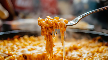 A close-up of creamy cheesy pasta being lifted from a boiling pot, showcasing its rich texture and melting cheese. Perfect for food lovers.の素材