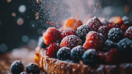 A close-up of a delicious dessert topped with a generous mix of fresh berries and a light dusting of powdered sugar, creating an appetizing treat ideal for any occasion.の素材