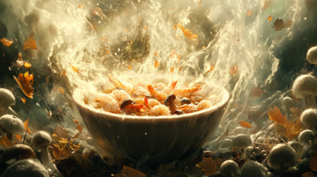 A stunning bowl of seafood showcasing splashes and floating ingredients, highlighting the vibrant colors and textures of fresh seafood, perfect for culinary presentations.の素材