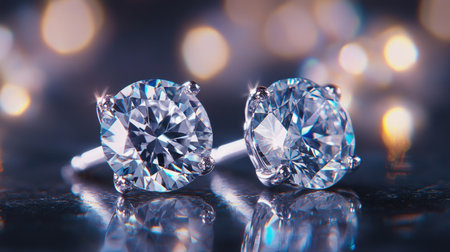 Close-up of elegant diamond stud earrings, showcasing the brilliance and clarity of the diamonds, with reflections casting light on a luxurious background.の素材