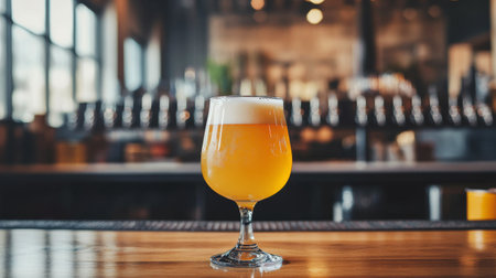 A beautifully crafted glass of refreshing beer with a foamy top sits on a wooden countertop in a lively brewery setting, perfect for social gatherings.の素材