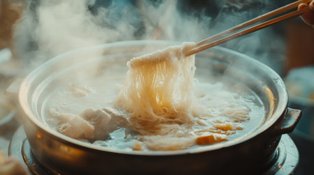 A close-up view of steaming hot noodles being lifted from a flavorful broth with chopsticks. The steam rising adds a comforting and inviting atmosphere, showcasing a delicious meal.の素材