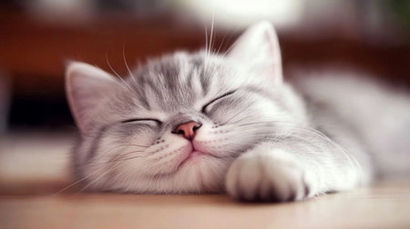 A peaceful gray cat peacefully sleeps with its eyes closed, showcasing a fluffy fur coat. This adorable scene captures the essence of tranquility and comfort in a cozy indoor setting.の素材