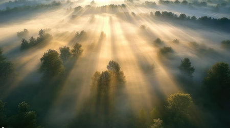 An aerial view of a foggy forest with the sun rising behind the trees, creating a mystical and ethereal atmosphere as the light filters through the mist.の素材