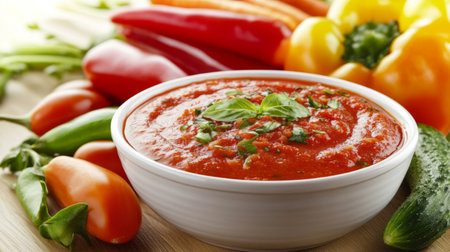 A vibrant bowl of fresh tomato sauce is beautifully displayed with an array of colorful vegetables. This scene captures the essence of healthy cooking.の素材