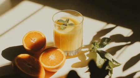 A refreshing glass of fresh orange juice garnished with mint, surrounded by vibrant orange slices. Perfect for a sunny day, this image evokes vitality and health.の素材