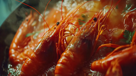 A vibrant close-up of freshly cooked shrimp, showcasing the rich colors and textures. Perfect for food blogs, cookbooks, or culinary websites.の素材
