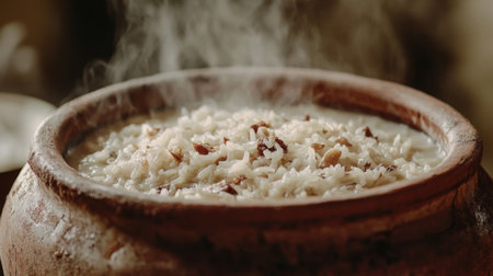 A steaming bowl of rice in a traditional earthenware pot, showcasing delicious grains and aromatic herbs. Perfect for culinary presentations or recipes.の素材