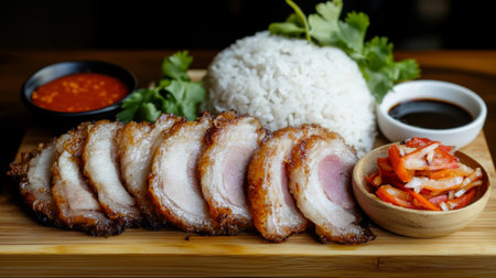 Indulge in this vibrant plate featuring crispy roasted pork slices, fluffy rice, and fresh vegetables, perfect for a mouthwatering meal experience.の素材